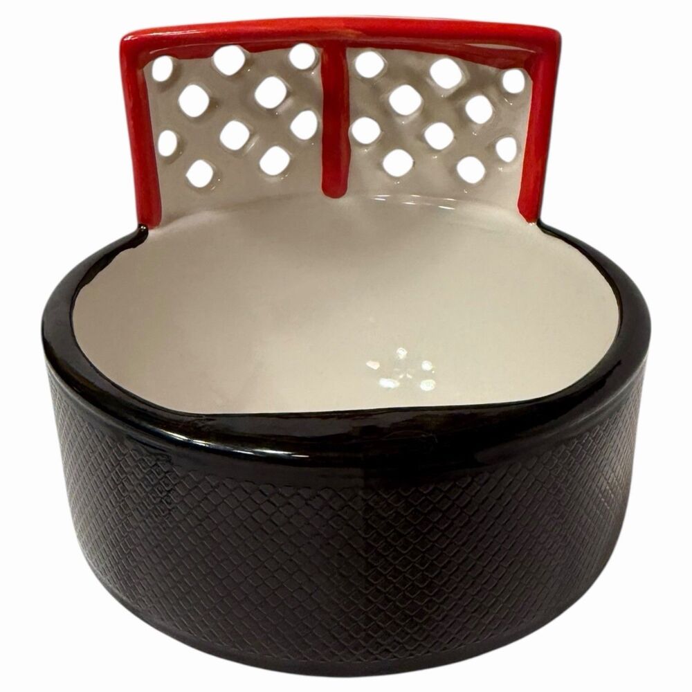 Hockey Puck Soup Bowl 16 oz Ceramic Goal Net Black Red Textured Novelty Gift